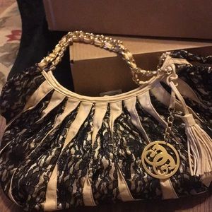 Sharif Designer leather/black lace/gold chain